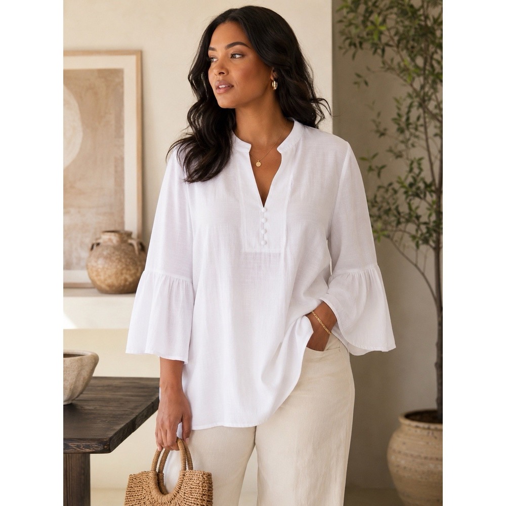 ELOQUII White Semi Sheer Tunic Blouse Size 14 Bell Sleeve‎ V Neck Career Boho